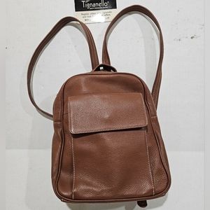 Tignanello Pebbled Brown Genuine Leather Card Slot Organizer Casual Backpack New
